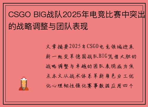 CSGO BIG战队2025年电竞比赛中突出的战略调整与团队表现